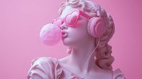 Young woman with wavy blonde hair wearing pink heart-shaped sunglasses and headphones against monochromatic pink background. Suitable for music, fashion, and lifestyle content.