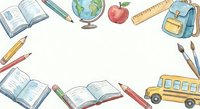 School supplies frame with books, globe, apple, pencils, ruler, backpack and bus creating border around blank space for educational content and back to school designs.