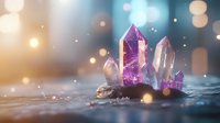Magical purple crystal cluster with glowing bokeh lights and mystical atmosphere on reflective surface, creating ethereal fantasy mood for spiritual designs.