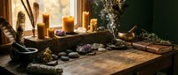Rustic wooden table with burning candles, healing crystals, dried herbs, mortar and pestle creating mystical spiritual wellness atmosphere for meditation.