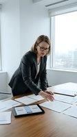 Middle-aged Caucasian businesswoman wearing glasses and dark blazer reviewing financial documents and charts on wooden desk in modern office with city view.