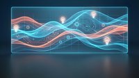 Digital waves with glowing nodes and circuit patterns on futuristic holographic display for technology presentations and data visualization concepts.