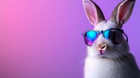 White rabbit wearing blue mirrored sunglasses on vibrant pink and purple gradient background. Modern pop art style portrait of cool bunny with attitude for creative designs.