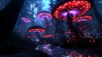 Magical glowing mushrooms in dark fantasy forest with luminescent red and pink caps, mystical fog, and sparkling particles reflecting in water surface.