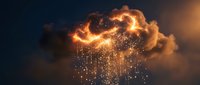 Dramatic storm cloud with glowing orange lightning and sparkling rain drops against dark sky for weather concepts and atmospheric designs.