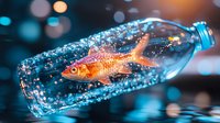 Goldfish swimming in glass bottle with sparkling bubbles against blurred blue and orange bokeh background, magical underwater fantasy scene.
