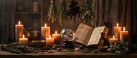 Mystical still life arrangement with open antique book, crystal ball, burning candles, dried herbs and botanical elements on wooden surface for occult, spirituality and witchcraft themed projects.