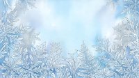Frost-covered plants and crystalline ice formations frame a serene winter landscape with soft blue and white tones, ideal for seasonal backgrounds and holiday designs.