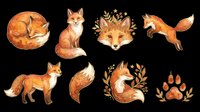 Watercolor fox collection featuring eight isolated illustrations including sitting, jumping, and resting poses with autumn foliage accents. Transparent background, ready for t-shirts, clipart, stickers, sublimation, and print-on-demand designs.