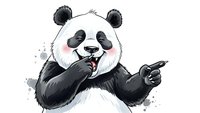 Cartoon panda bear character pointing finger with excited expression and open mouth on white background isolated for design projects.