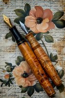 Vintage fountain pens with gold and silver nibs on floral background with handwritten script, combining nostalgia and elegant stationery art.