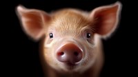 Adorable piglet face close-up portrait with soft focus background, pink snout and curious expression showing personality and charm of young farm animal.