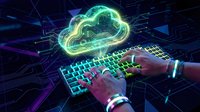 Businessman hands typing on glowing keyboard with neon cloud computing hologram above in futuristic digital technology network environment.