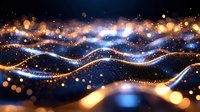 Glowing abstract waves with golden and blue light particles flowing in dark space, sparkling bokeh effect creates magical atmosphere for backgrounds.