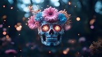 Mystical sugar skull decorated with pink and blue gerbera flowers glowing against dark background with magical bokeh lights and floating petals.