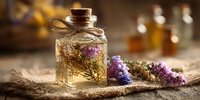Herbal essential oil in glass bottle with cork stopper and twine, surrounded by dried lavender flowers on rustic wooden surface for aromatherapy and wellness.