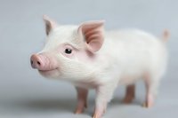 Adorable pink and white piglet standing against light background, close-up portrait showing curious expression and detailed features. Suitable for farm animal themes.