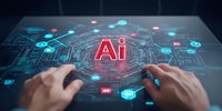 Hands typing on futuristic interface with glowing AI symbol and connected network nodes on dark background with cyan and red neon elements. Modern technology concept.