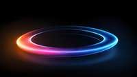 Glowing neon ring with gradient color transition from red to blue on dark background, floating light effect creates futuristic atmosphere for technology designs.