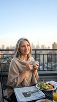 Mature blonde woman enjoying morning coffee and healthy breakfast on urban rooftop terrace with city skyline view for lifestyle and wellness content.