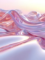 Flowing abstract waves in soft pink and lavender create ethereal landscape with smooth metallic texture and gentle curves against dreamy pastel background.