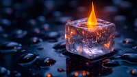 Glowing ice cube candle with orange flame on dark reflective surface surrounded by water drops, creating magical atmosphere for spiritual practices.