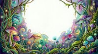 Whimsical fantasy forest frame with glowing mushrooms, magical plants, and colorful orbs on isolated white background, ready for design projects and creative compositions.