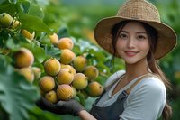Young Asian woman in straw hat and gardening gloves holding fresh figs from tree in orchard, smiling at camera during harvest season.