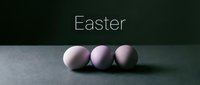 Three pastel purple Easter eggs on a dark moody background with elegant Easter text, minimalist holiday greeting card concept.