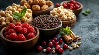 Fresh raspberries, chocolate chips, nuts and cranberries in wooden bowls on dark background. Healthy ingredients for homemade granola or breakfast cereal.