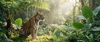 Tiger walking through lush jungle vegetation with sunlight filtering through dense foliage and tropical plants in natural habitat environment.