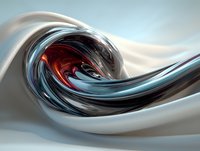 Dynamic abstract wave formation in metallic silver, blue, and red tones creating fluid motion effect against soft gray background, suitable for modern design projects.