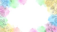 Easter watercolor frame with hand drawn eggs, bunnies and flowers on pastel rainbow background for spring holiday greeting cards and decorations.
