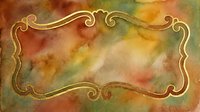 Vintage ornamental frame with warm watercolor wash background in earthy tones of rust, gold, and green. Decorative golden border with scrollwork corners. Suitable for invitations, certificates, and design projects.