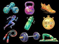Fitness and sport clipart set with dumbbells, kettlebell, sneaker, runner, water bottle, stopwatch, jump rope, barbell, and yoga pose, isolated on transparent background for t-shirts and print on demand.