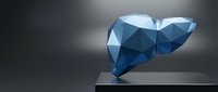 Blue polygonal liver organ model with geometric faceted design on dark background for medical education and healthcare presentations.