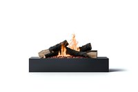 Modern minimalist fireplace with burning logs on black rectangular base, creating warm ambiance for home interiors.