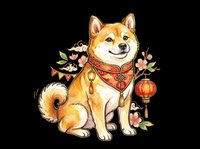 Shiba Inu dog wearing red bandana with Asian lantern and floral elements, isolated on transparent background for t-shirt design, clipart, stickers, and print-on-demand products.