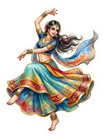 Female South Asian dancer in traditional ornate costume with flowing multicolored skirt, gold jewelry, and decorative headpiece performing classical dance pose on isolated white background for design projects.