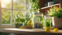 Glass jars with fresh herbs and plants on wooden windowsill in morning sunlight, creating cozy atmosphere for sustainable home gardening and natural lifestyle.