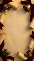 Vintage parchment scrolls with bronze bells and burgundy ribbons frame empty space for text or announcements in medieval style composition.