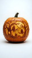 Intricately carved pumpkin featuring owls perched on tree branches with detailed foliage patterns, illuminated from within on white background.