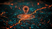 Glowing orange location pin icon floating above digital circuit map with concentric circles, neon technology background in dark teal and orange colors.