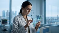 Woman scientist or researcher with dark hair, South Asian ethnicity, wearing white lab coat, holding tablet with holographic data visualization in modern office with city skyline view for technology and science concepts.