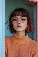 Young Asian woman with short dark hair and pink glasses wearing coral sweater against turquoise background. Modern fashion portrait showcasing contemporary style and makeup.
