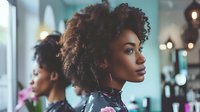 Young African American woman with natural curly hair in profile view at modern cafe interior, soft window lighting creates atmospheric mood. For lifestyle blogs.