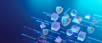 Digital cybersecurity interface with shield icons and data protection elements on blue technology background for business security concepts.