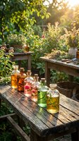 Bottles of infused oils and herbal extracts displayed on wooden table in sunlit garden with fresh plants and herbs in background for natural wellness and aromatherapy.