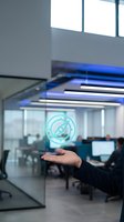 Businessman hand presenting glowing holographic rocket icon in modern office space with glass walls and blue LED lighting for startup and innovation concepts.