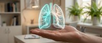 Hand holding glowing holographic lungs in modern office environment for healthcare technology and respiratory medicine concepts.